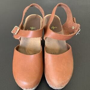 Mia Sofia Brown Leather Clog Shoes Chunky Wood Heels Ankle Strap EU 37